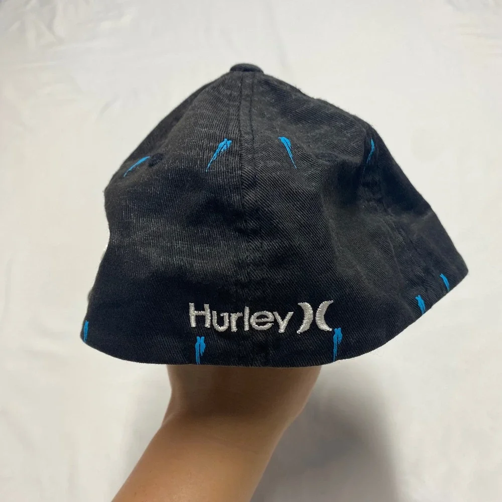 Hurley Boys Flexfit Hat Black Blue Paint Drip Script Logo BAFOENGH Skater Cap